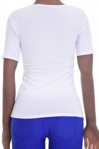 Soft breathable cotton tee with a close slim fit, a low scoop neck and short sleeves for daily layering.