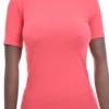 Soft cotton tee with a mock neckline and short sleeves, a close light layer that keeps its shape washing.