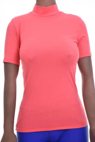 Soft cotton tee with a mock neckline and short sleeves, a close light layer that keeps its shape washing.