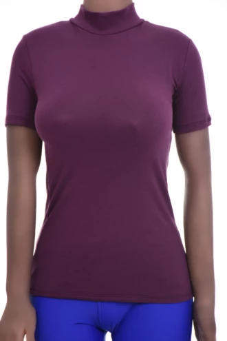 Soft fitted cotton-blend tee with a mock neckline and short sleeves, comfortable and light for daily wear.