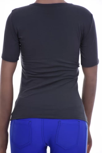 Soft slim cotton-blend tee with a low scoop neck and short sleeves, light and close for everyday wear.