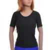 Stretch microfiber tee with a scoop neckline and short sleeves, a close slim fit for everyday layering.