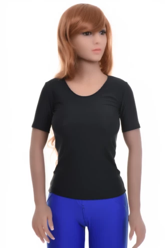 Stretch microfiber tee with a scoop neckline and short sleeves, a close slim fit for everyday layering.