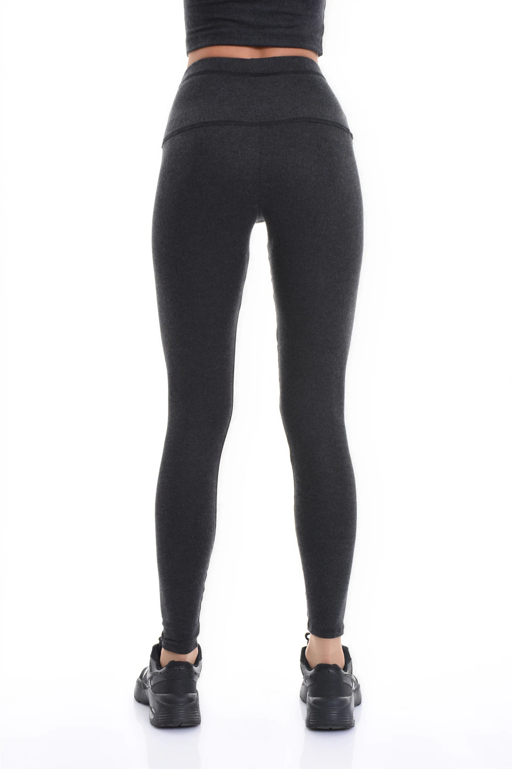 Black high-waisted wool leggings, full-length back view in a warm cozy knitted wool blend