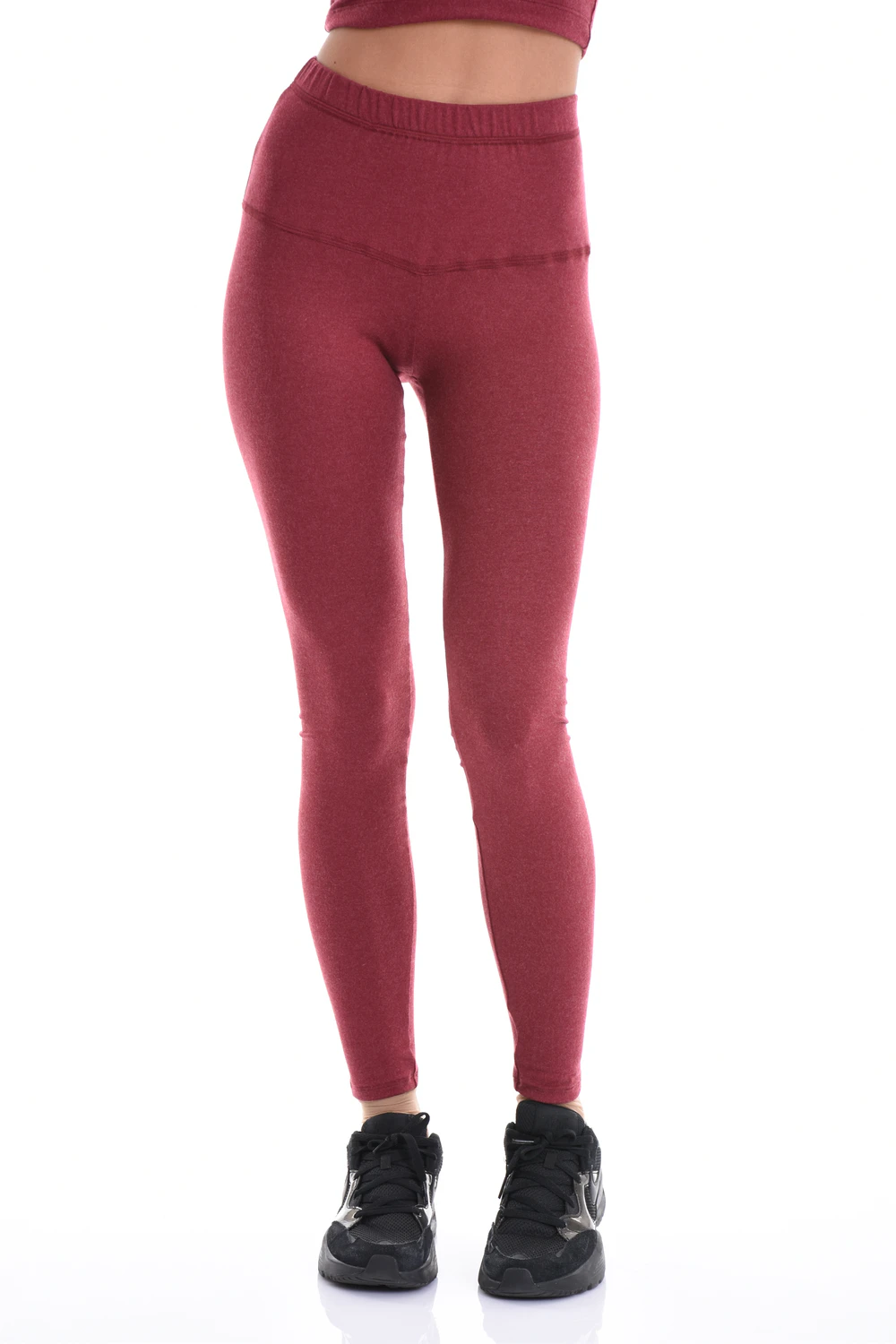Burgundy high-waisted wool leggings, full-length front view in a warm soft knitted wool blend