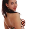 Animal print balconette bikini top with molded push-up cups and a black tie at the center for a twist detail.