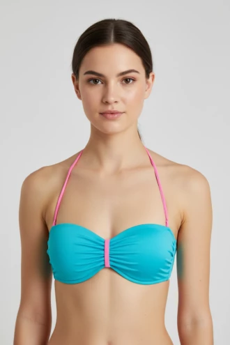 Balconette bikini top in polyamide with a tie back and softly gathered center for a rounded shape and secure fit.