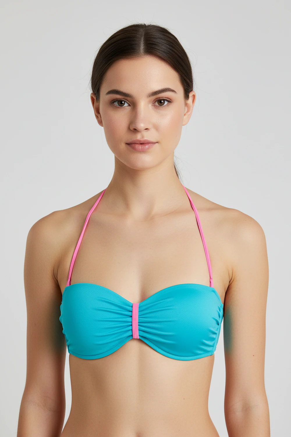 Balconette bikini top in polyamide with a tie back and softly gathered center for a rounded shape and secure fit.