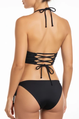 Solid black bandeau bikini set with Brazilian tie-side bottom in smooth quick-drying polyamide.