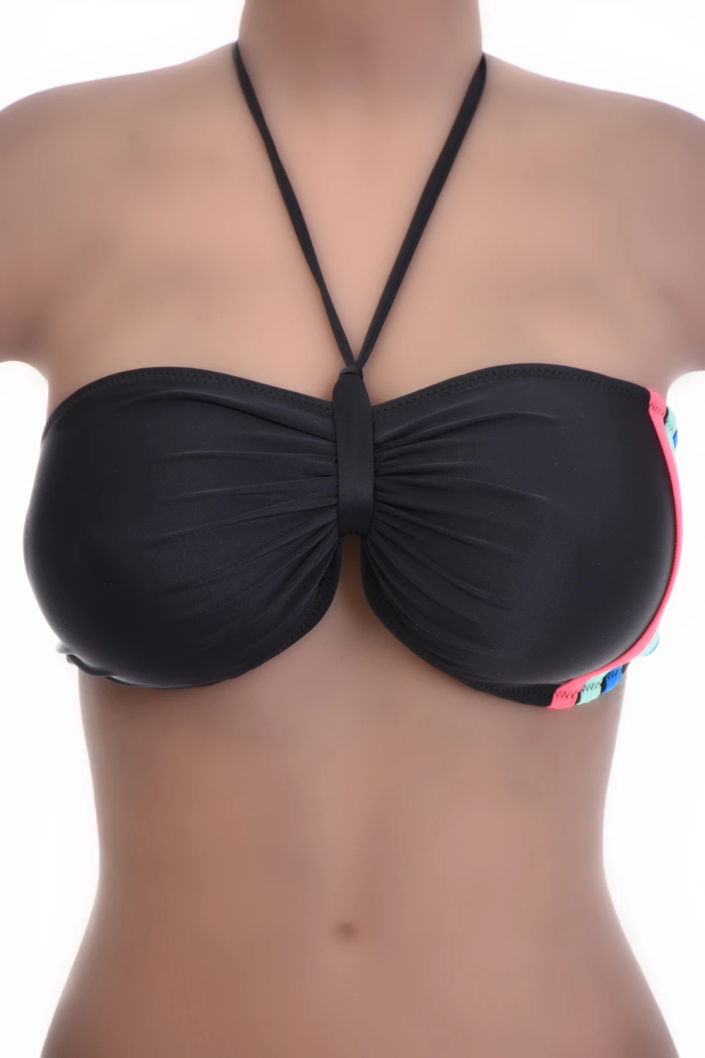 Black bandeau bikini top with a bright pink, blue and green stripe trim along the side for a sporty edge.