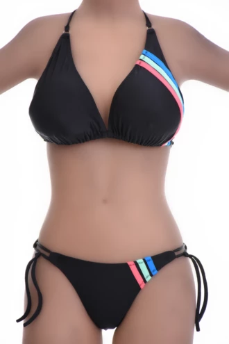 Black tie-side bikini bottom with bright stripe edging and standard coverage in quick-drying fabric.