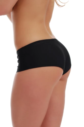 Versatile black boyshort bikini bottom with a smooth close fit in light quick-drying Italian swim fabric.