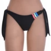 Solid black Tiara Galiano Brazilian bottom in light polyamide, quick-drying with a bright striped side accent.