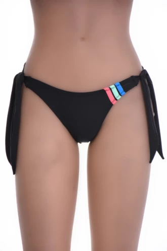 Solid black Tiara Galiano Brazilian bottom in light polyamide, quick-drying with a bright striped side accent.