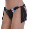 Skimpy black Brazilian-cut swim bottom with side-tie cords and a striped side accent, minimal coverage.