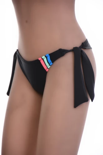 Skimpy black Brazilian-cut swim bottom with side-tie cords and a striped side accent, minimal coverage.