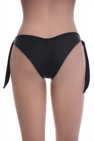 Black Brazilian-cut swim bottom with V-shaped back and side-tie cords for a lifted look and fewer tan lines.