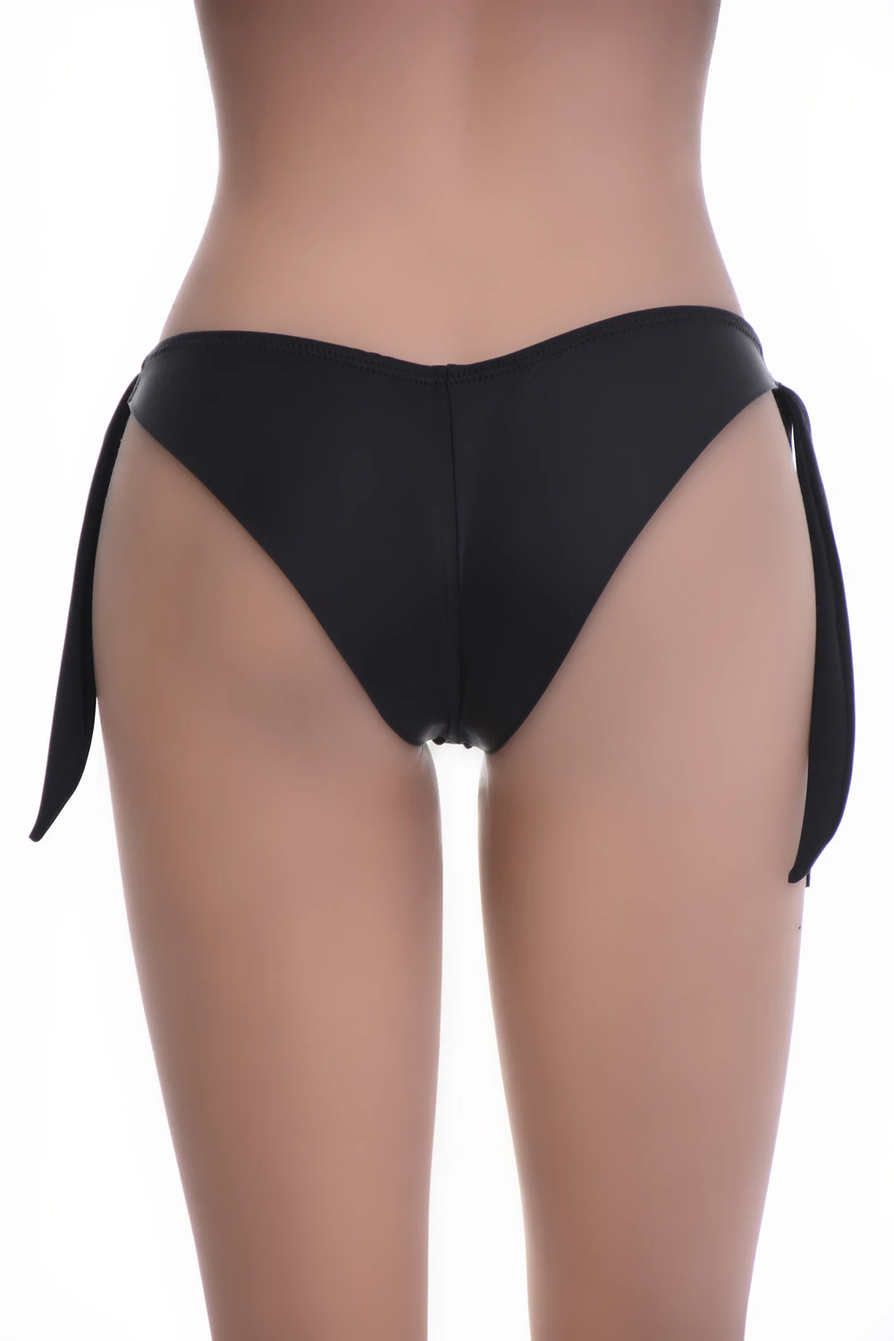 Black Brazilian-cut swim bottom with V-shaped back and side-tie cords for a lifted look and fewer tan lines.