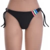 Black Brazilian thong bikini bottom with slim string ties and a pink, green and blue stripe trim along the sides.