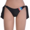 Black Brazilian thong tie-side bikini bottom with pink, green and blue stripe trim and bow hip ties.