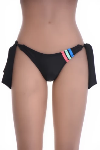 Black Brazilian thong tie-side bikini bottom with pink, green and blue stripe trim and bow hip ties.