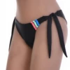 Black Brazilian tie-side bikini bottom with pink, green and blue stripe trim and bow ties at the hips.