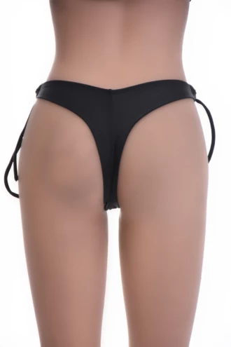 Black Brazilian tie-side bikini bottom with a scooped back that lengthens the leg line and less rear coverage.
