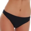 Black cheeky swim bottom that slips on with no ties, smooth stretchy fabric that sits close and dries quickly after a swim.