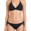 Black convertible bandeau top worn as halter or strapless with tie-side Brazilian bottom for women.