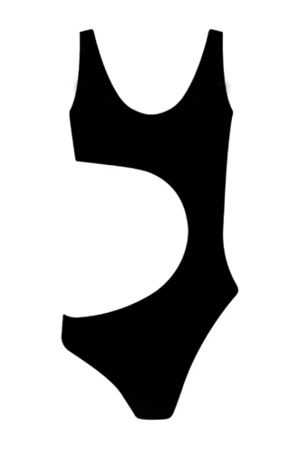 Black cutout one-piece swimsuit with scooped front and curved side waist opening in polyamide.