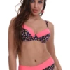 Black floral-print bikini set with coral trim and soft-cup underwire top in smooth polyamide.