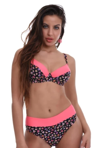 Black floral-print bikini set with coral trim and soft-cup underwire top in smooth polyamide.