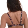 Black floral underwire bikini top with coral trim, unpadded soft cups and fine straps over the shoulders.