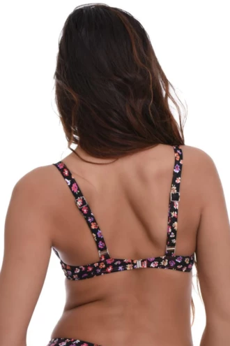 Black floral underwire bikini top with coral trim, unpadded soft cups and fine straps over the shoulders.