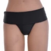 Black fold-over bikini bottom with a wide foldable waistband over fuller-coverage front in quick-drying swim fabric.
