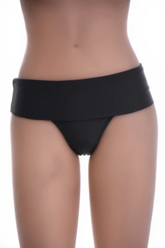 Black fold-over bikini bottom with a wide foldable waistband over fuller-coverage front in quick-drying swim fabric.