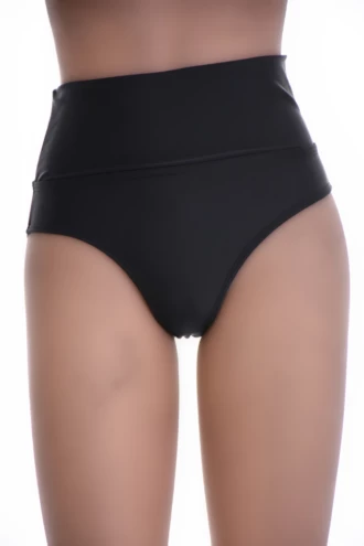 Solid black fold-over bikini bottom with fuller front coverage, versatile and flattering for pool or beach.