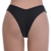 Black high-leg Brazilian bikini bottom with a high leg line and a leg-lengthening look, pulls on with no ties.