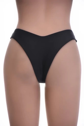 Black high-leg Brazilian bikini bottom with a high leg line and a leg-lengthening look, pulls on with no ties.