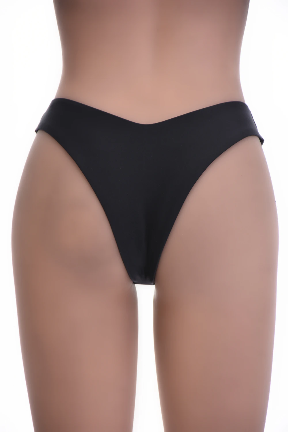 Black high-leg Brazilian bikini bottom with a high leg line and a leg-lengthening look, pulls on with no ties.