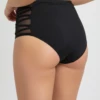 Retro-rise black swim bottom with lattice cut-out sides, pull-on fit and full rear coverage.