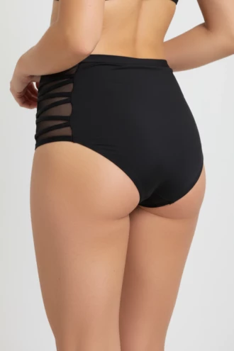 Retro-rise black swim bottom with lattice cut-out sides, pull-on fit and full rear coverage.