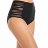 Black high-waisted bikini bottom with strappy lattice sides and sheer mesh hip panels in smooth polyamide.