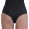 Retro black high-waisted Brazilian bikini bottom in XS and S sizing, also suited to smaller frames, with a flattering fit.