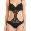 Black lace-panel one-piece swimsuit with molded cups and side cutouts in quick-drying polyamide.