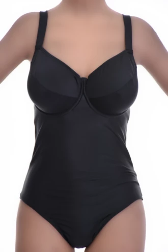 Black molded-cup swimsuit with real bust support across cup sizes up to D and dress sizes to 2XL.