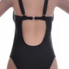 Supportive black one-piece swimsuit with adjustable straps and full front-and-back coverage.