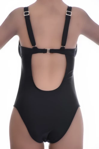 Supportive black one-piece swimsuit with adjustable straps and full front-and-back coverage.