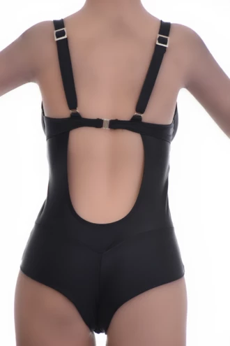 Supportive black swimsuit with smooth structured front and a slightly cheekier Brazilian back cut.