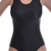 Pared-back unstructured black one-piece swimsuit in smooth light polyamide for swimming and sunbathing.